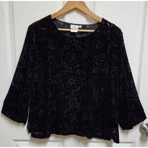Hot Cotton Womens Black Floral Velvet Burnout Stretch 3/4 Sleeve Top Size XL